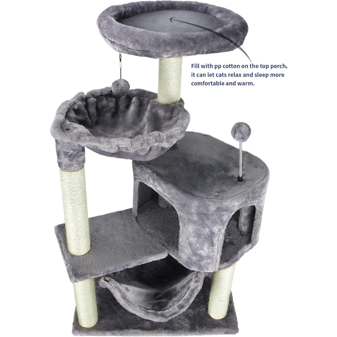 Cat Tree With Cat Condo And Big Hammock, Grey