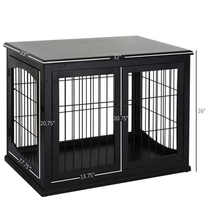 Crate Furniture, 32Small Dog Cage End Table With 2 Doors, Lockable Door, Puppy Kennel Indoor, Black