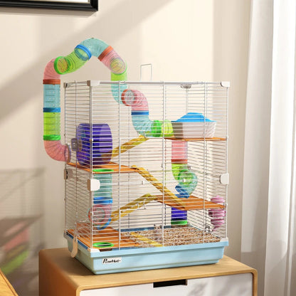 5 Tiers Hamster Cage Portable Animal Travel Carrier W Exercise Wheels Tube, Light Blue