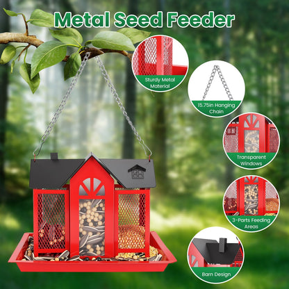 1Pc  Metal Hanging Bird Feeder House Classic Barn Bird Feeder House Iron Hanging Outdoor Feeder With Visible Window And Lift Top Lid 15.75in Hanging Length Wild Birds Garden Yard