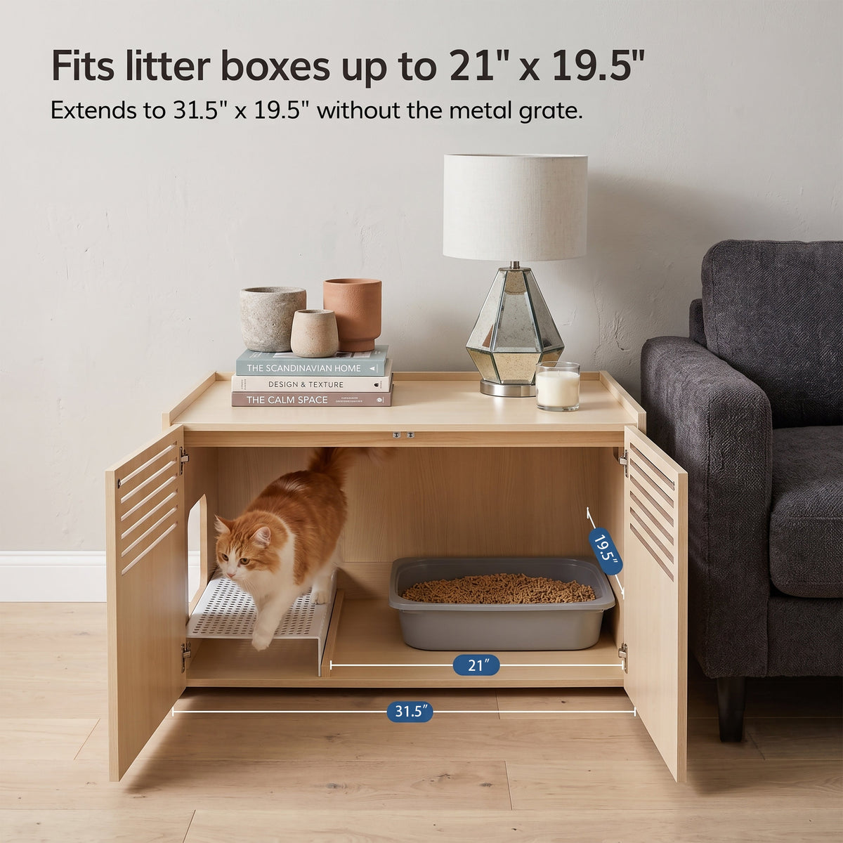 Modern Wooden Cat House with Scratching Pad , Cat Litter Box Enclosure, Spacious Hidden Cat Litter Box -33.46" x 21.06" x 21" , 45.87 lbs