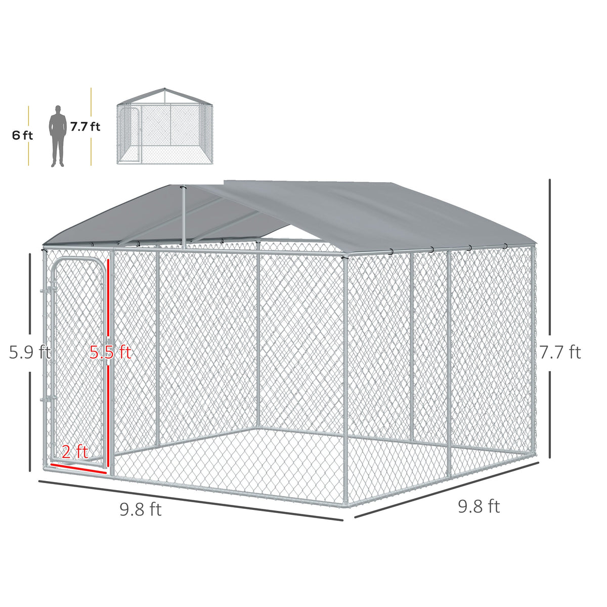 Outdoor Dog Kennel Galvanized Steel Fence with Cover Secure Lock Mesh Sidewalls for Backyard 9.8 x 9.8 x 7.7
