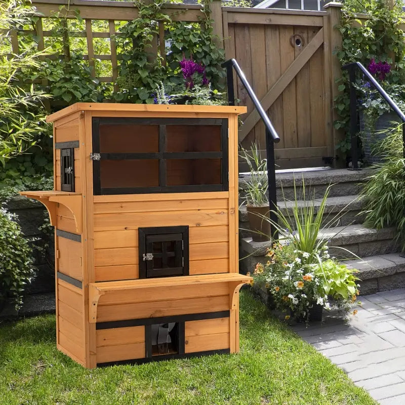 3-Tier Kitty Shelter With 5 Escape Doors, Weather Resistant, Yellow & Black