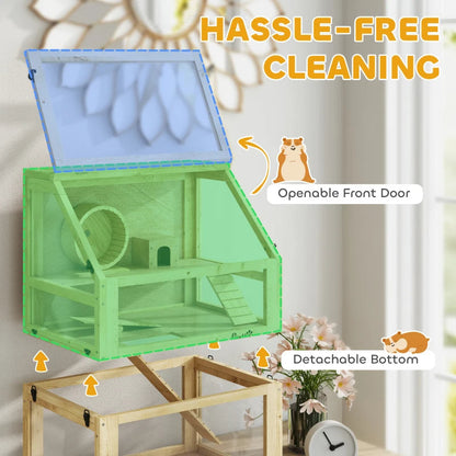 3 Tier Wooden Hamster Cage W Detachable Bottom, Hut, Seesaw, Exercise Wheel, Ramps