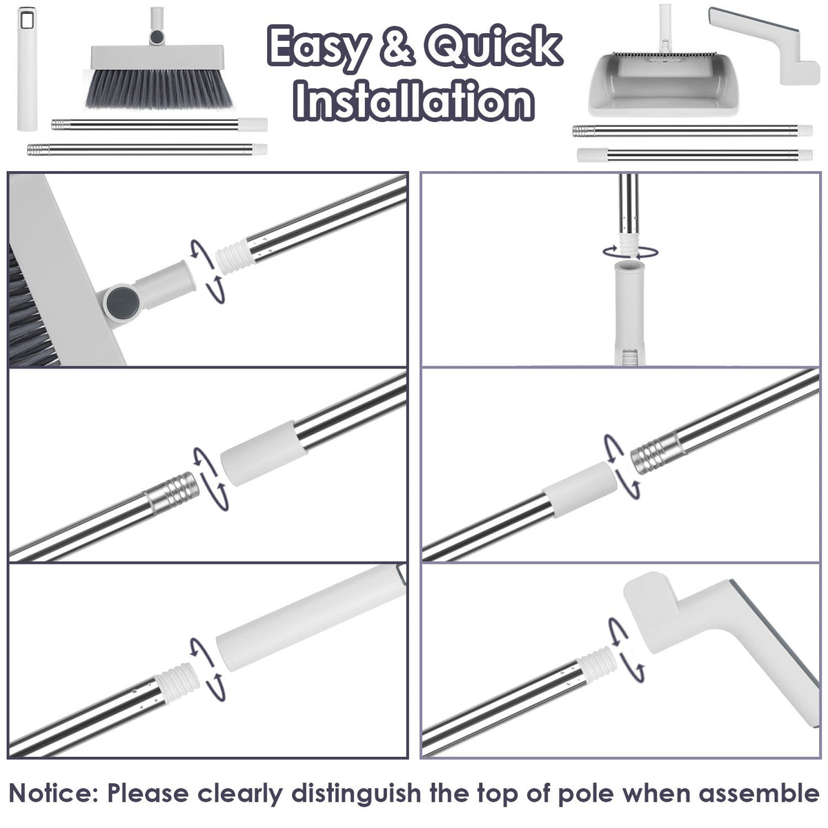 1Set Broom And Dustpan Combo Set With Squeegee Stainless Steel Handle 4 In 1 Upright Standing Broom And Dust Pan For Indoor Outdoor Garage Kitchen Room Office Sweeping