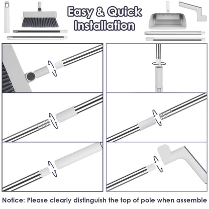 1Set Broom And Dustpan Combo Set With Squeegee Stainless Steel Handle 4 In 1 Upright Standing Broom And Dust Pan For Indoor Outdoor Garage Kitchen Room Office Sweeping