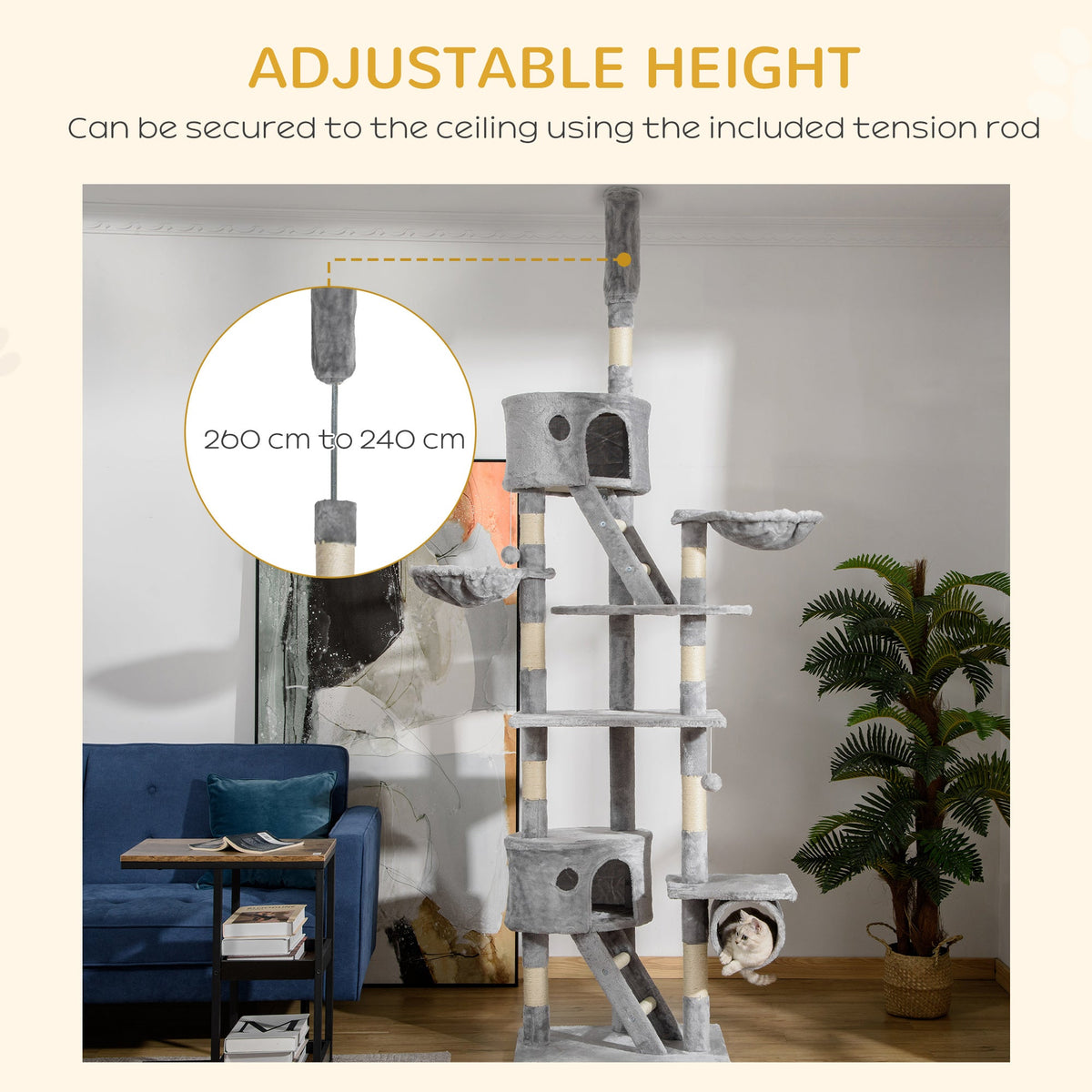Floor Standing Cat Tree 94.5-10.25 Inch Height Adjustable Cat Climbing Tower, Apartment Hammock