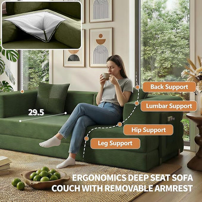 Fancyfire 78.8" Convertible Sofa Bed with Armrest Pillow,4-in-1 Sleeper Couch Bed for Livingroom,Modular Corduroy Boneless couches,No Assembly (Green)