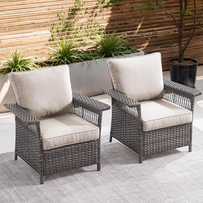 Wicker Outdoor Chairs Set of 2 - Hollow Widen Armrests Patio Furniture Set with Comfortable Thickened Cushion, High Back Outdoor Rattan Chairs for Balcony Porch Deck and Yard - Brown/Beige