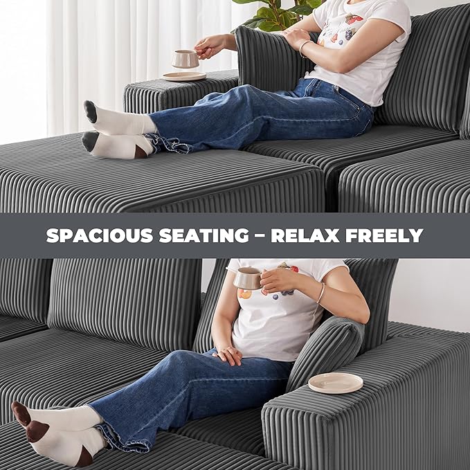 108” Modular Sectional Couches, Cloud Sectional Couch with Deep Seat, Modern Modular L-Shape Sofa with Chaise,Upholstered Boneless Sofa for Living Room (Corduroy, Grey)