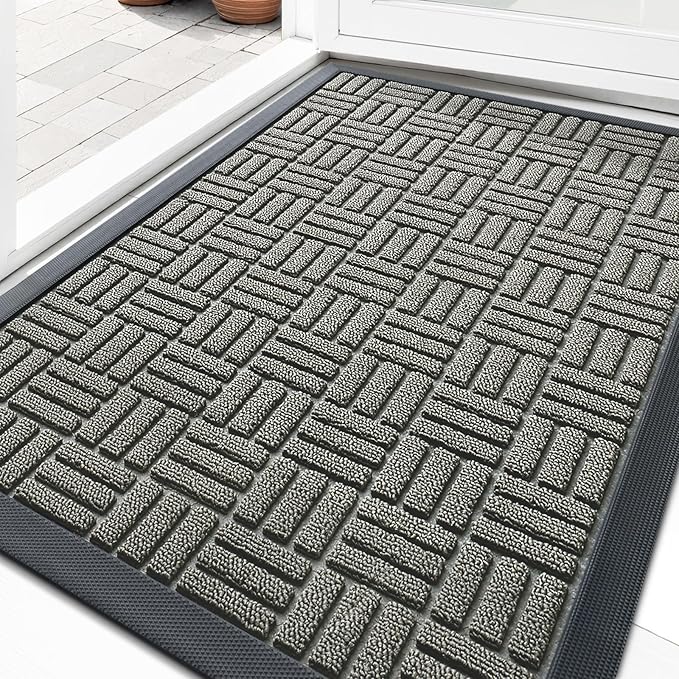 OLANLY Front Door Mat Outside Entrance 29.5x17, Absorbent, Heavy Duty Sturdy Natural Rubber Doormat Indoor Outdoor, Non-Slip, Stain and Fade Resistant, Low Profile Floor Mat for Entryway, Modern Gray
