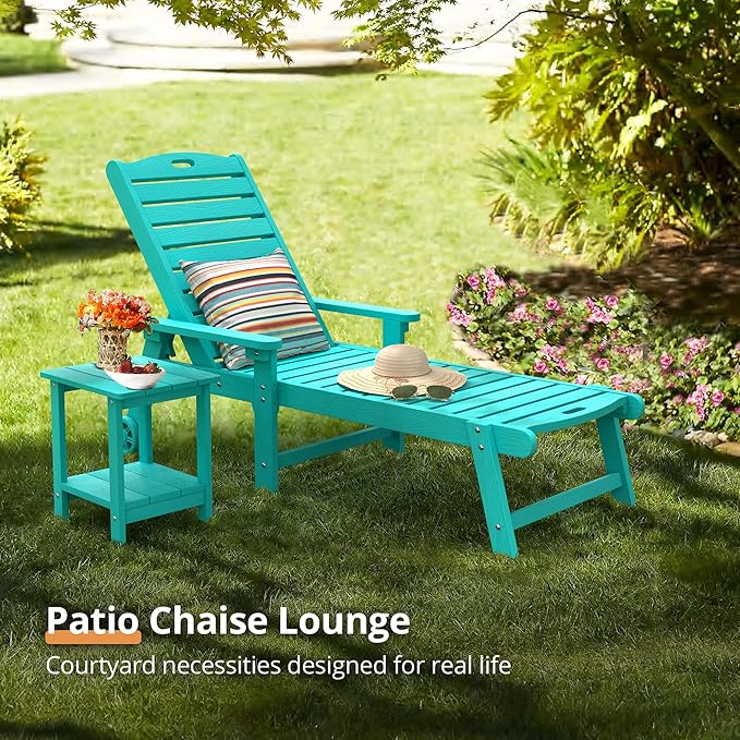 LUE BONA Chaise Lounge Chairs Set with Table, 3-Piece, 79'' Oversized HDPS Chaise Lounger, 5 Positions Adjustable Lounge Chairs, Pool Lounge Chair with Wheels for Poolside, 3 Year Warranty, Aruba Blue