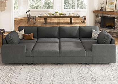 Nolany Sectional Couch with Storage Ottoman, Corduroy Sleeper Sectional Sofa with Chaise, Modular Sectional Couches for Living Room, Dark Grey