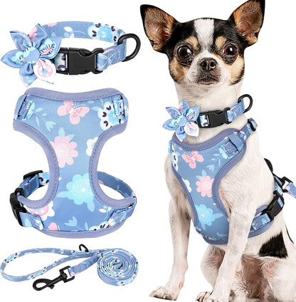Beirui Cute Dog Collars,Harnesses,Leashes Set, Floral Pattern, Purple,XXS | Girl Dog Harness Set with Flower, Adjustable and Soft Mesh Lining, For Puppies Small & Extra Small Dogs Daily Walks