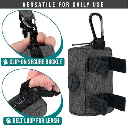 PetAmi Dog Poop Bag Holder for Leash Doggie Waste Bag Dispenser with Clip & Velcro Belt for Puppy Potty Walking Accessories Travel Camping Pet Supplies Zipper Pouch with Trash Bag Roll, Gray 1 Pack