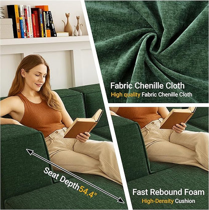 136" 6-Piece Sectional Sofa Modular Couches,L-U-Shaped with Chaise,for Living Room,Compressed Foam No Assembly,for Living Room (2xArmless Corner Ottoman) Fabric Chenille Green