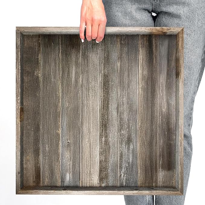 Wooden Ottoman Tray with Felt Pad – Decorative Couch Serving Tray Made with Real Rustic Reclaimed Wood - Perfect for Living Room Ottomans, Sofas, & Coffee Tables -24" x 24" - Natural Weathered Gray