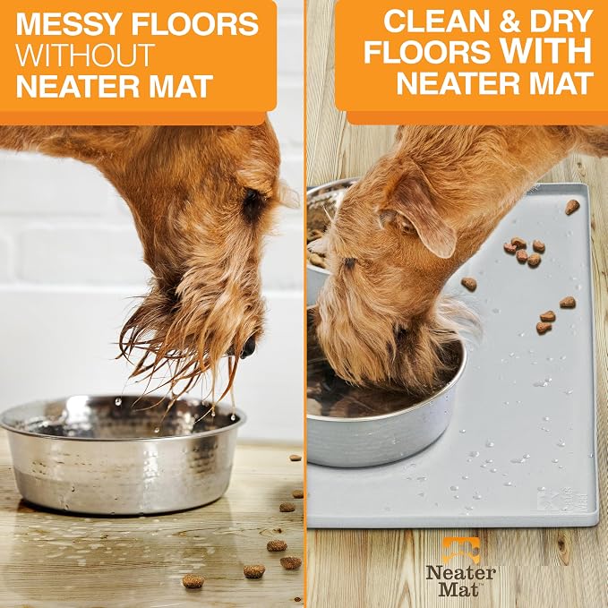 Neater Pet Brands Neater Mat Pet Mats for Food and Water, Cat & Dog Bowl Mat Waterproof Silicone, Feeding Tray, Dog Food Mats for Floors, Placemat w/Raised Edge for Under Bowls, 24" x 16", Light Gray