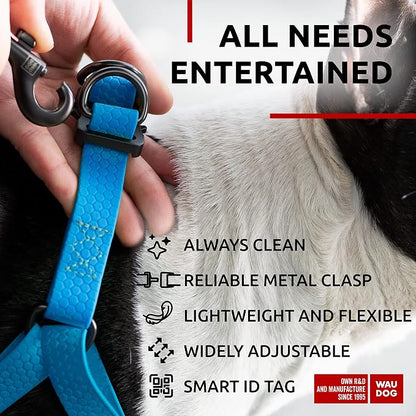 WAUDOG Waterproof Adjustable Dog Harness - Heavy Duty with Durable Metal Clasp and QR Dog Tag - Boy & Girl (20-32in Blue)
