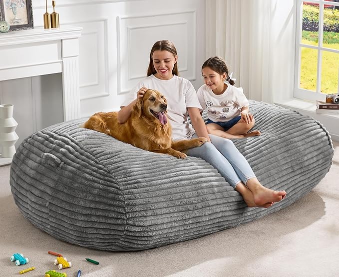 Hobestluk 6FT Bean Bag Chairs Adult Bean Bag with Portable Handle Comfy Large Bean Bag Lounge Chair with Removable Cover for Living Room Bedroom (Stripe Grey, 6FT)