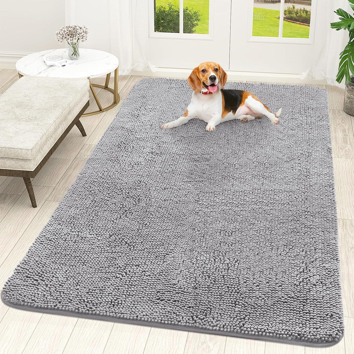 OLANLY Dog Door Mat for Muddy Paws 70x46, Absorbs Moisture and Dirt, Absorbent Non-Slip Washable Doormat, Quick Dry Chenille Mud Mat for Dogs, Entry Indoor Entryway Carpet for Inside Floor, Light Grey
