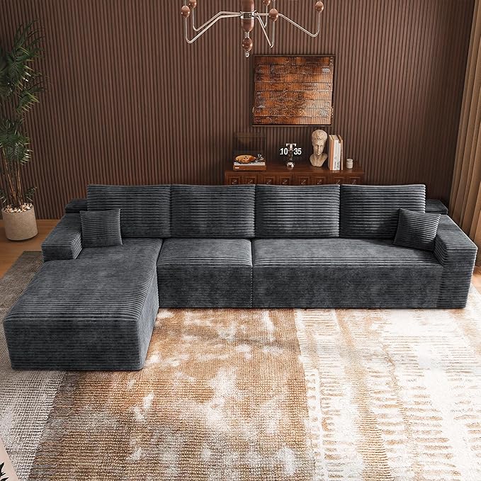 3-Piece Boneless Modular Sectional Sofa, Cloud Couch with Left Facing Chaise, Oversized Deep Seat, Soft Corduroy Fabric, Sectional Couch for Living Room-Grey