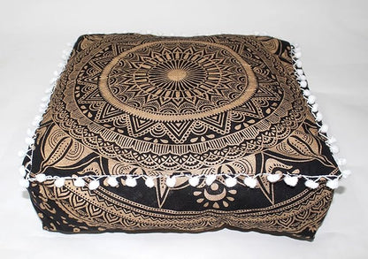 CRAFT KALA 24" Square Large Hippie Mandala Meditation Floor Ottoman Pillow Cushion Pouf Cover Square Poufs Bohemian Circle Floor Cushion Case Outdoor Fireplace Yoga Living Room Decor Cover Black Gold
