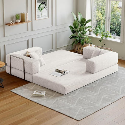 78.8''Convertible Sleeper Sofa Bed,Compressed Floor Boneless Couch,Modular Modern Corduroy Sofa for Living Room Bedroom -with Fixed-Shape Frame and Support Armrest,Easy Assembly(White