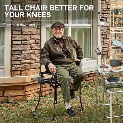 EVER ADVANCED Portable 30.7" Seat Height Tall Folding Camping Chair Directors Chair High Foldable Bar Stool with Side Table for Makeup Artist, Sports Event, Craft Show, Supports 350LBS Black Grey