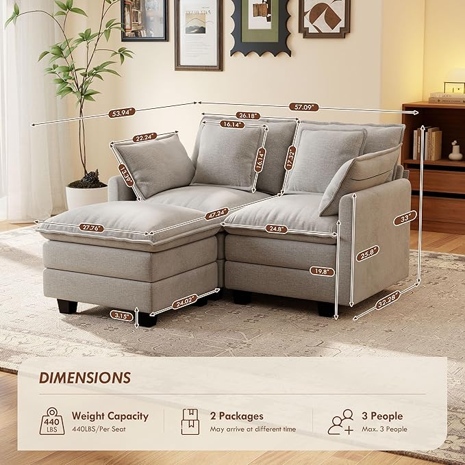 Ihanherry 57" L Shaped Modular Sectional Cloud Sofa, Modern 3 Seat Chenille Couch with Ottoman for Living Room, Bedroom and Apartment, Grey