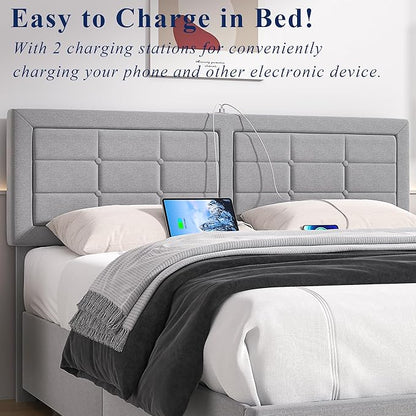 VECELO Queen Size Bed Frame with 4 Storage Drawers & Adjustable Headboard, Built-in Charging Station, Upholstered Bedframe with Wood Slats Support, Light Grey
