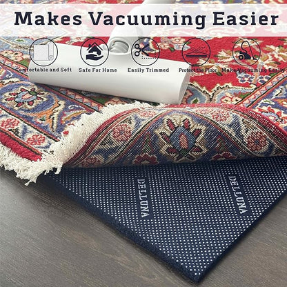 DELLUNA Non-Slip Area Rug Pad 3/8" Thick 2'x8' Double Side Rubber + Felt, Premium Deluxe Cushioned- Safe for All Floors, Adds Comfort and Protection, Ultra Strong Grip, Stop Rug from Moving.