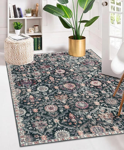 Lahome Moroccan Trellis Washable Small Area Rug, 3x5 Black Rug for Bedroom Living Room, Non-Slip Oriental Accent Throw Carpet for Kitchen Office Entryway Bathroom Office, Black/Multi