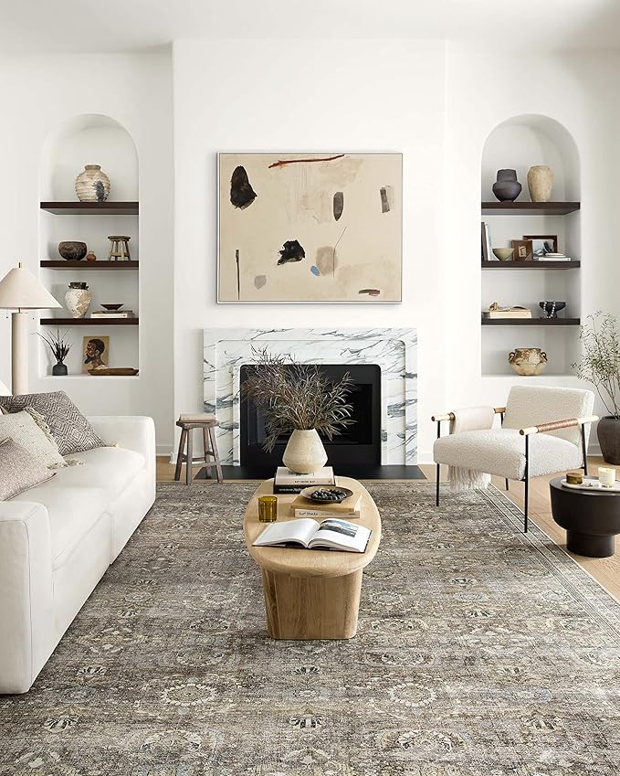 Loloi Layla Collection LAY-13 Antique/Moss 3'-6" x 5'-6" .13" Thick Accent Rug, Soft, Durable, Vintage Inspired, Distressed, Low Pile, Non-Shedding, Easy Clean, Printed, Living Room Rug