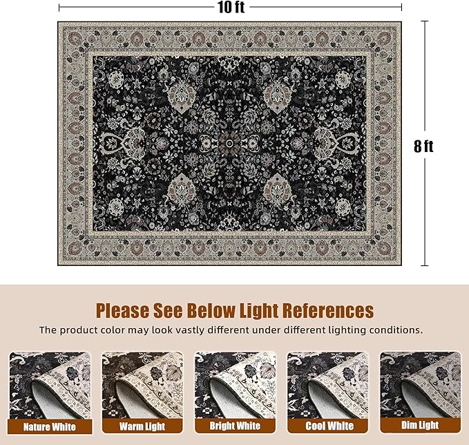 Blcak 8x10 Vintage Rugs for Living Room, Washable Rugs Non Slip Large Area Rug for Bedroom Dining Room Office, Floor Decoration Big Rug Carpet Low-Pile Kid & Pet Friendly(Blcak Navy Multi