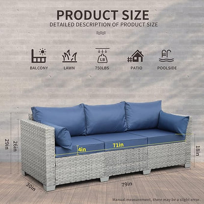 WAROOM Outdoor Couch 3 Seater Wicker Patio Sofa Grey Rattan Deep Seat Balcony Furniture Porch Seating with Navy Blue Cushion