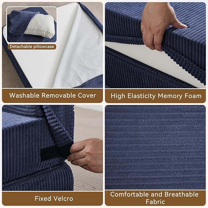 Folding Sofa Bed Convertible Floor Couch Foldable Chair Bed with Pillow，Linen Sleeper Chair Futon,Foldable Memory Foam Mattress for Bedroom/Living Room/Dorm/Office (Corduroy Navy, Standard)