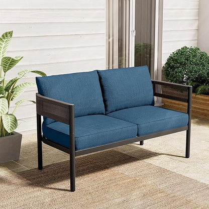 Gand Patio Outdoor Loveseat, Wicker Conversation Set with Thick Cushion for Porch, Garden, Yard, Peacock Blue