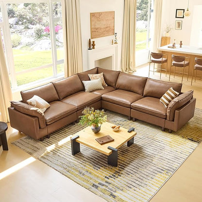 CHITA 161" Super Large Sectional Couches for Living Room, Modular Cloud Couch Sectional Sofa, Premium Genuine Leather Sofa, Down Filled, High Density Foam, Real Leather in Saddle, 6 Seat U Shaped