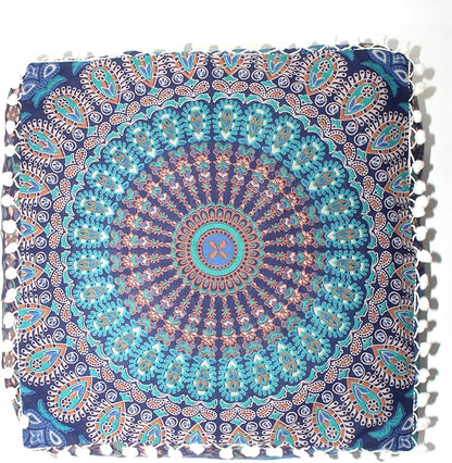 CRAFT KALA Blue Peacock Large Hippie Mandala Meditation Floor Ottoman Pillow Cushion Pouf Cover Square Poufs Bohemian Circle Floor Cushion Case Outdoor Fireplace Living Room Decor Cover 16" Square