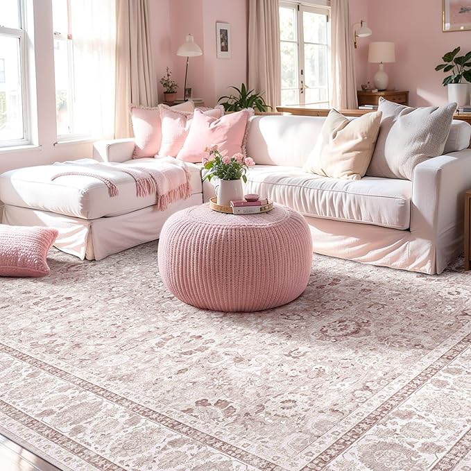 Light Pink Nursery Rug Large Area Rugs for Living Room Vintage Rug Boho Floral Washable Area Rugs 9x12 Indoor Carpet for Bedroom Dining Room Kids Room