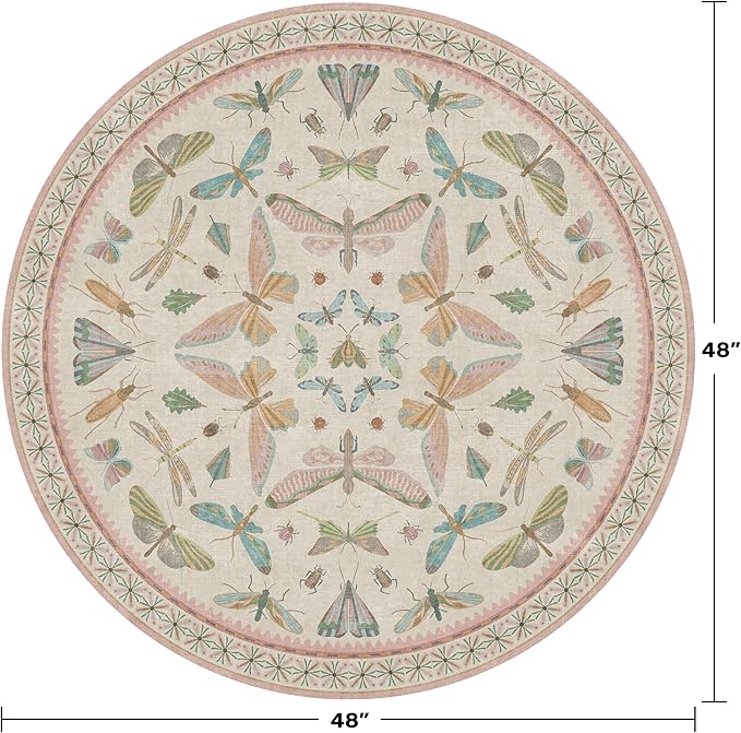 Boho Light Pink 4ft Round Small Throw Rugs for Living Room - Low Pile & Soft Cute Circle Rug for Girls Bedroom, Baby Nursery, Butterfly Pattern Fun Design, Low Pile & Soft Stain Resistant Carpet