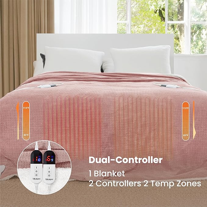 Heated Blanket Electric Blanket King Waffle, 90x100 Inches Dual Controllers