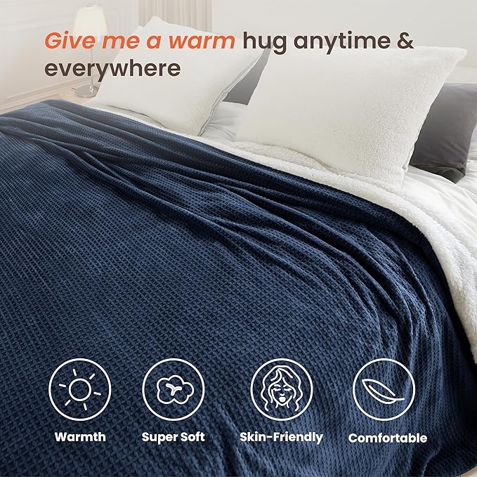 Heated Blanket Electric Blanket King Waffle, 90x100 Inches Sherpa Fleece Fast
