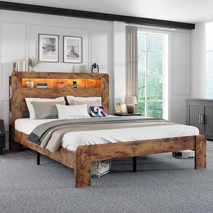 Queen Size Wooden Bed Frame with Bookcace Storage Headboard, Rustic Farmhouse Bedframe with LED Lights and Charging Station, Sturdy and Stable, Slat Support, No Box Spring Required (Brown, Queen)