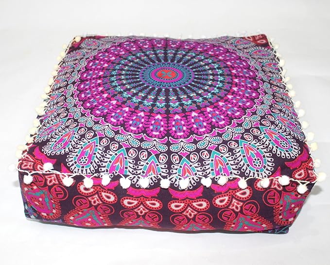 CRAFT KALA Pink Peacock Large Hippie Mandala Meditation Floor Ottoman Pillow Cushion Pouf Cover Square Poufs Bohemian Circle Floor Cushion Case Outdoor Fireplace Living Room Decor Cover 18" Square