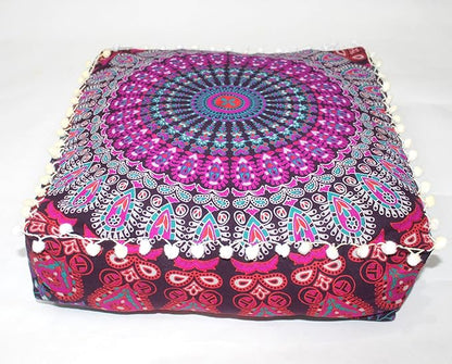 CRAFT KALA Pink Peacock Large Hippie Mandala Meditation Floor Ottoman Pillow Cushion Pouf Cover Square Poufs Bohemian Circle Floor Cushion Case Outdoor Fireplace Living Room Decor Cover 18" Square