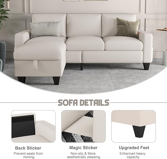 ZeeFu Couch for Living Room - 78'' Beige Linen 3 Seat L-Shaped Sectional Sofa Couches with Storage Ottoman - Modern Small Space Upholstered Furniture Sofa Set for Office Small Space Apartment Bedroom