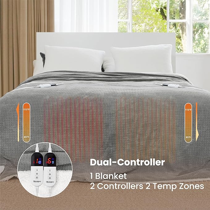 Heated Blanket Electric Blanket King Waffle, 90x100 Inches Sherpa Fleece Fast