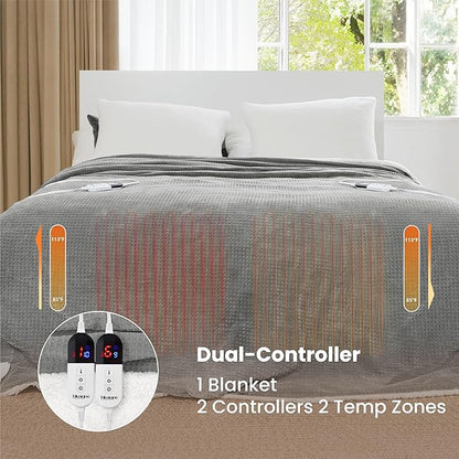 Heated Blanket Electric Blanket King Waffle, 90x100 Inches Sherpa Fleece Fast